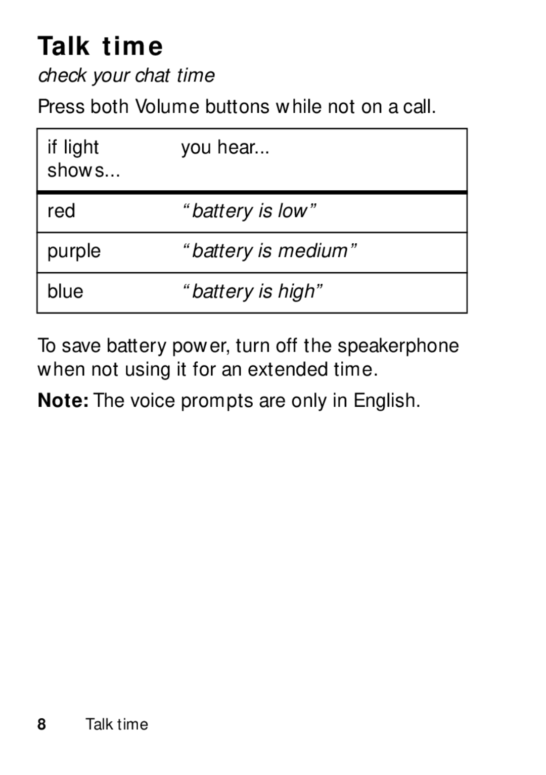 Motorola TX500 manual Talk time, Check your chat time, Battery is low, Battery is medium, Battery is high 