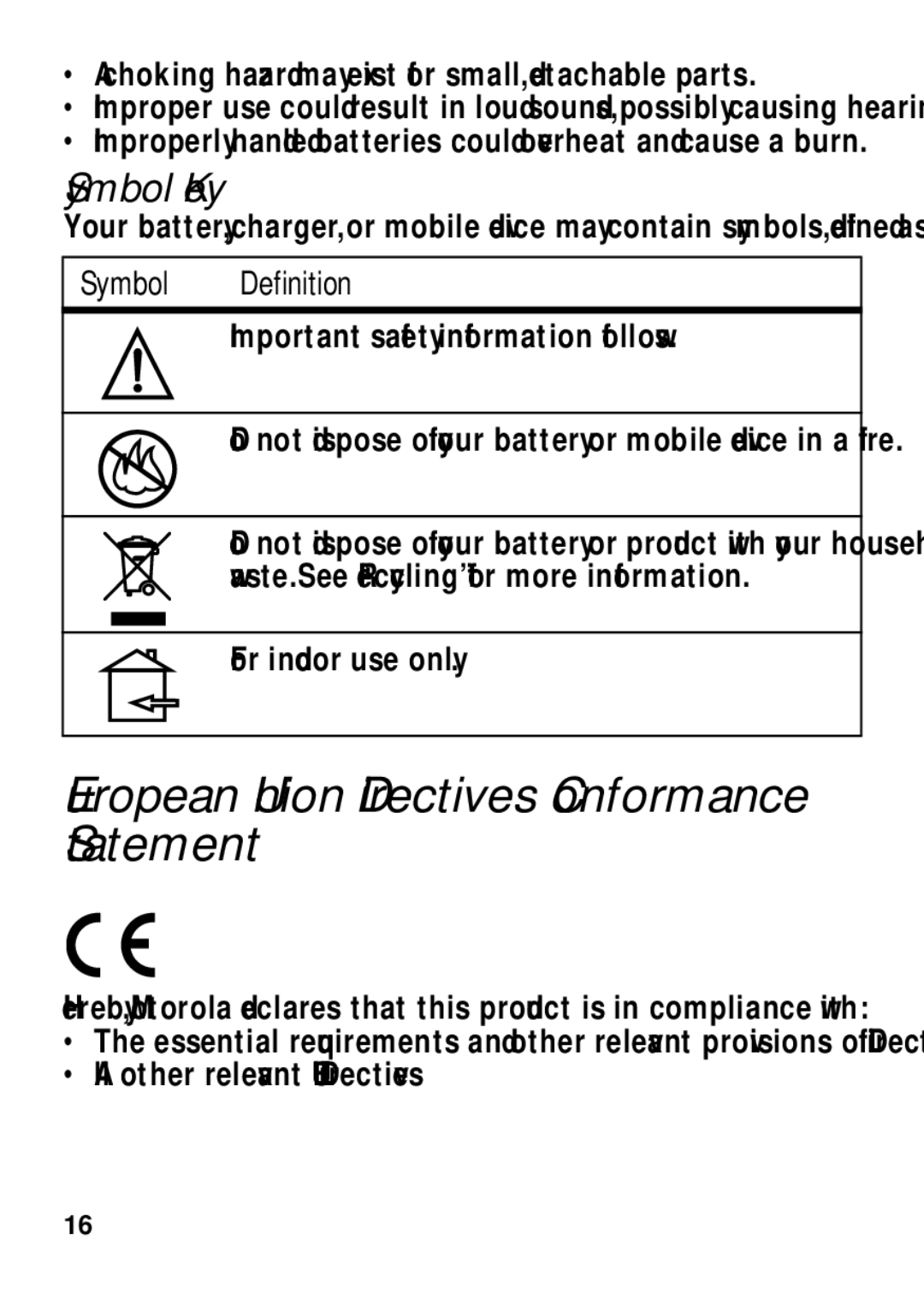 Motorola TX500 manual European Union Directives Conformance Statement, Symbol Key, Symbol Definition, For indoor use only 