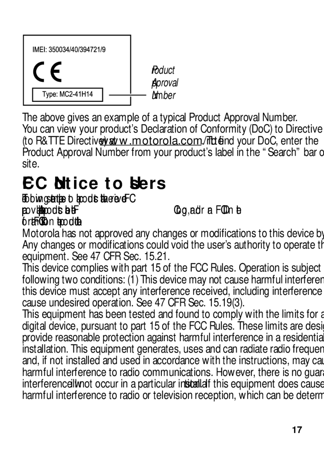 Motorola TX500 manual FCC Notice to Users, Product Approval Number 