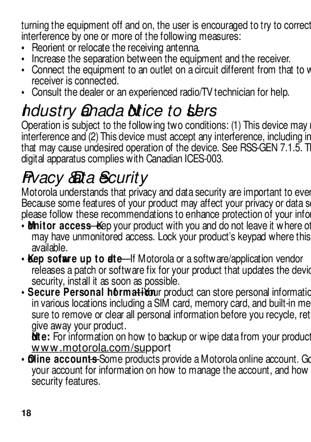 Motorola TX500 manual Industry Canada Notice to Users, Privacy & Data Security, Reorient or relocate the receiving antenna 