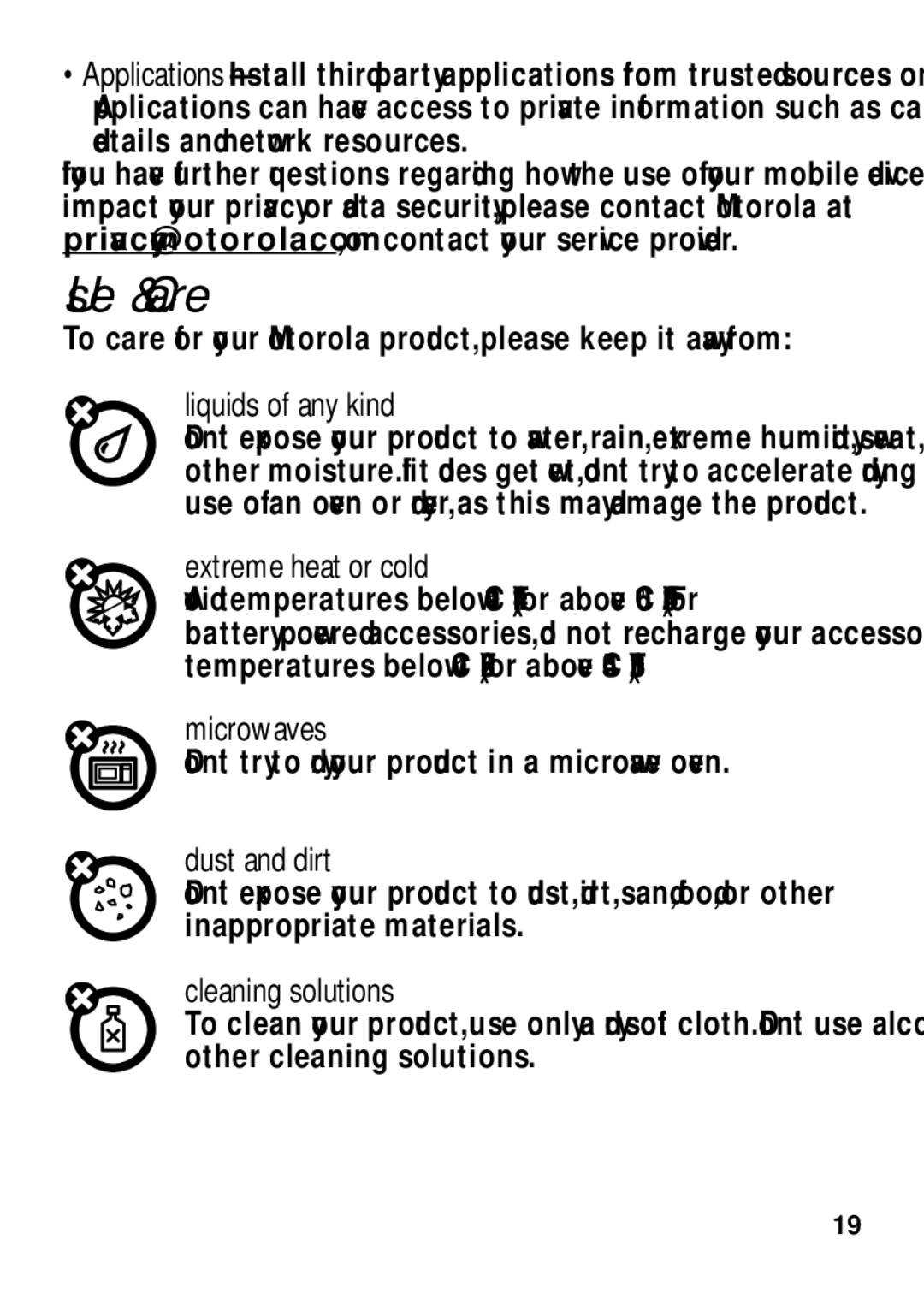 Motorola TX500 manual Use & Care 