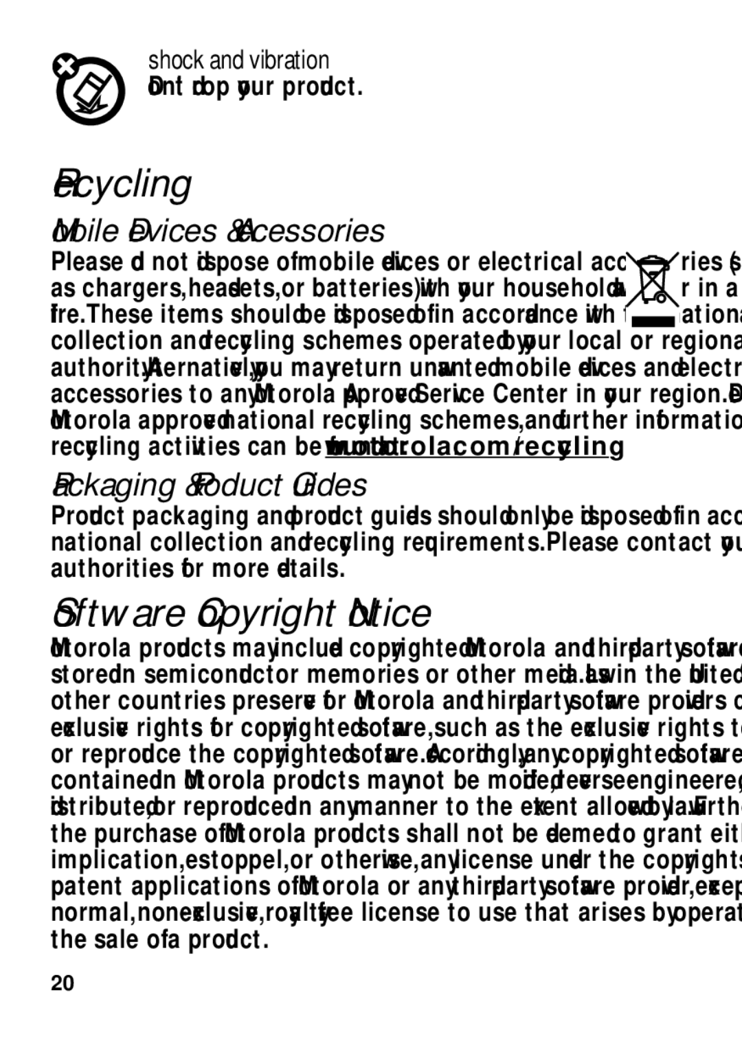 Motorola TX500 manual Recycling, Software Copyright Notice, Mobile Devices & Accessories, Packaging & Product Guides 