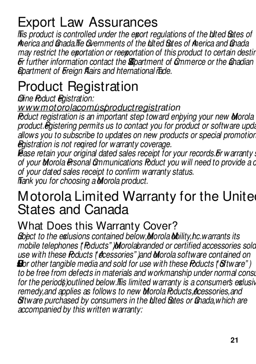 Motorola TX500 Export Law Assurances, Product Registration, Motorola Limited Warranty for the United States and Canada 