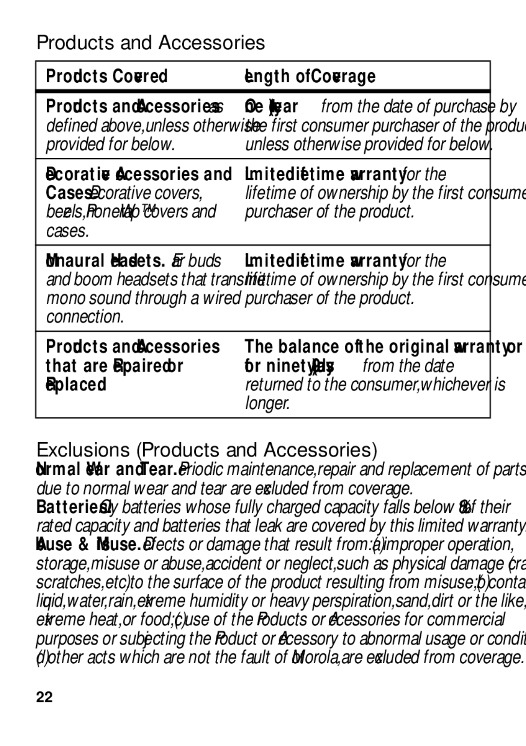 Motorola TX500 manual Products Covered Length of Coverage, That are Repaired or, Replaced 