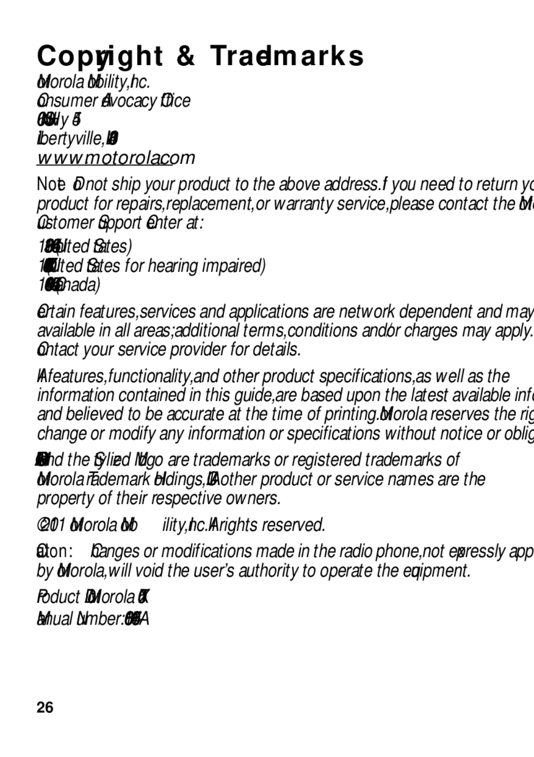 Motorola TX500 manual Copyright & Trademarks, United States Canada 