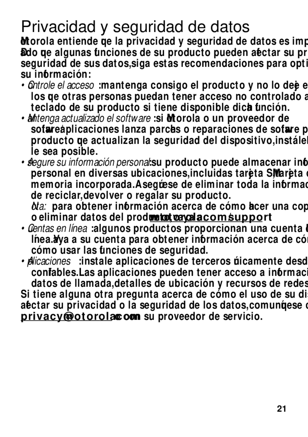 Motorola TX500 manual Privacidad y seguridad de datos 