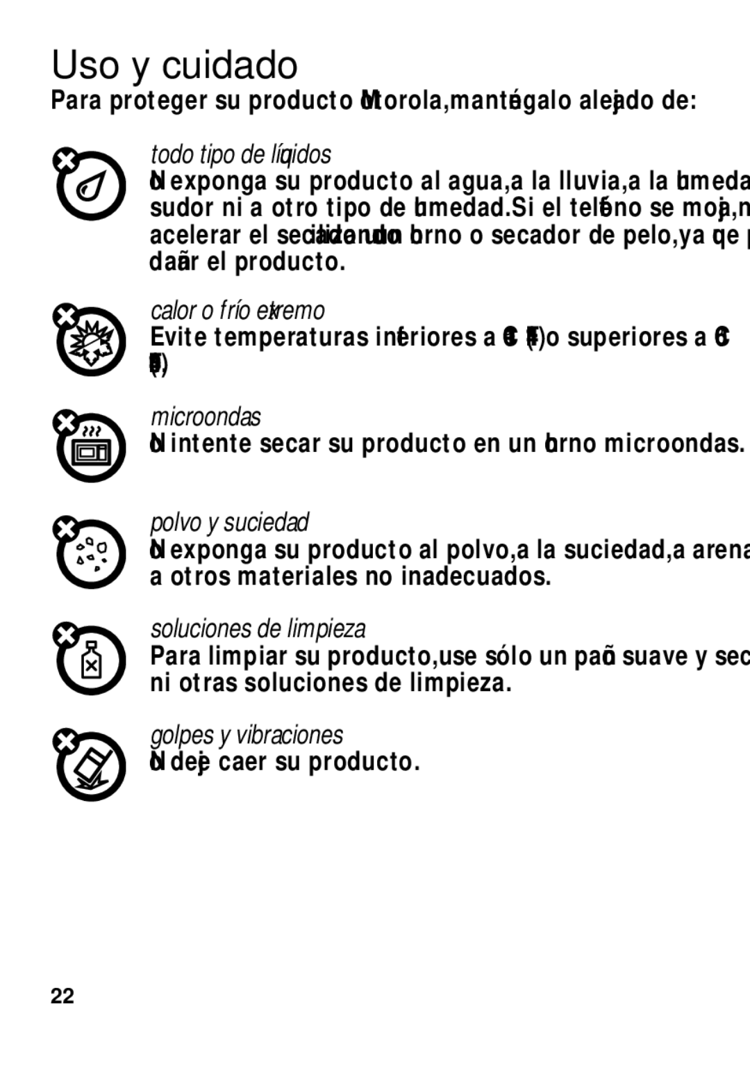 Motorola TX500 manual Uso y cuidado 