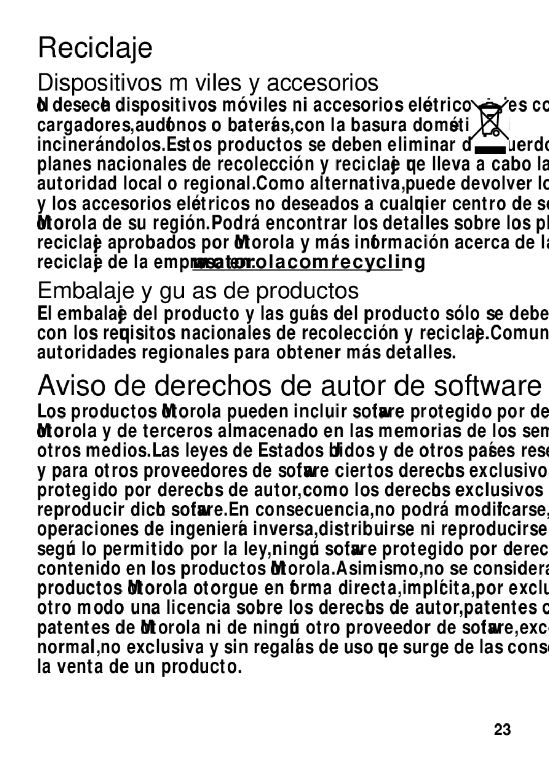 Motorola TX500 manual Reciclaje, Aviso de derechos de autor de software, Dispositivos móviles y accesorios 