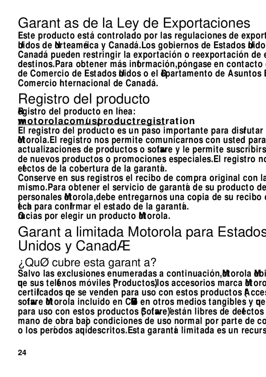 Motorola TX500 manual Garantías de la Ley de Exportaciones, Registro del producto, ¿Qué cubre esta garantía? 