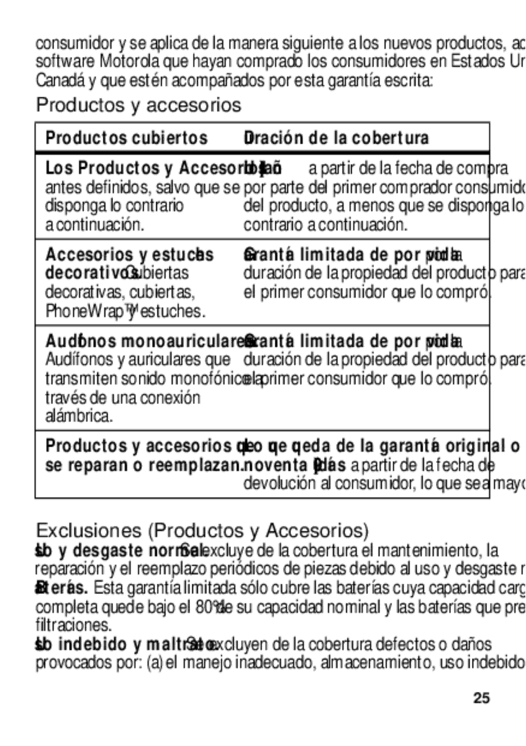 Motorola TX500 Productos cubiertos Duración de la cobertura, Disponga lo contrario, Continuación Contrario a continuación 