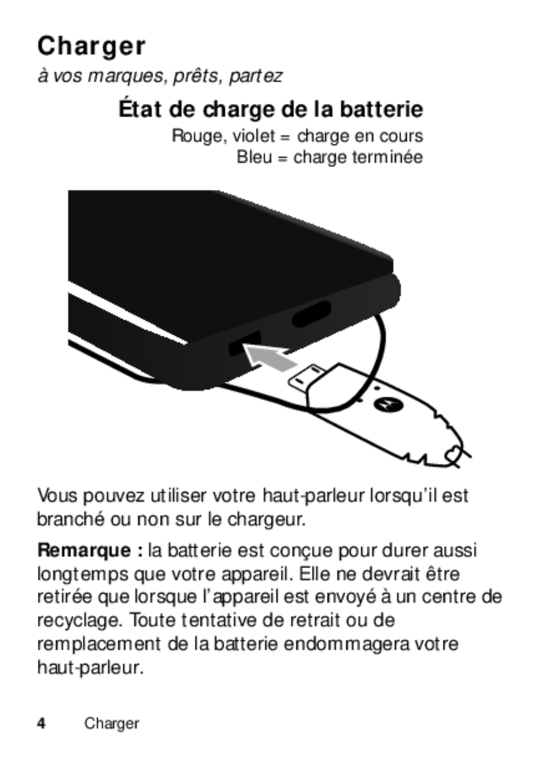 Motorola TX500 manual Charger, Vos marques, prêts, partez 