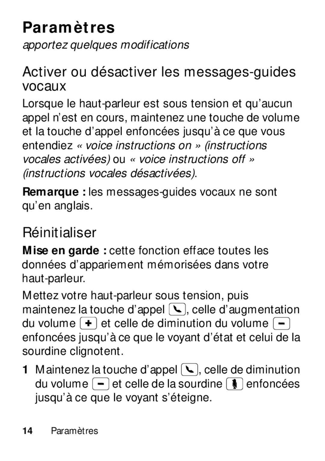 Motorola TX500 manual Paramètres, Activer ou désactiver les messages-guides vocaux, Réinitialiser 