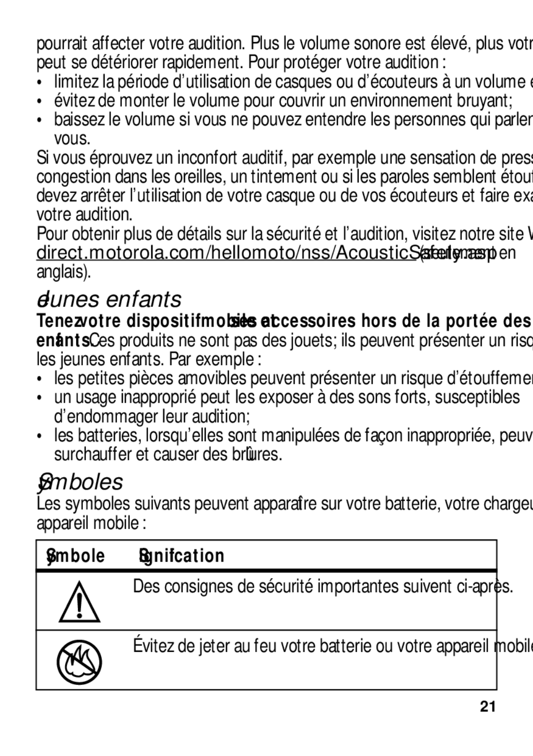 Motorola TX500 manual Jeunes enfants, Symboles, Symbole Signification 