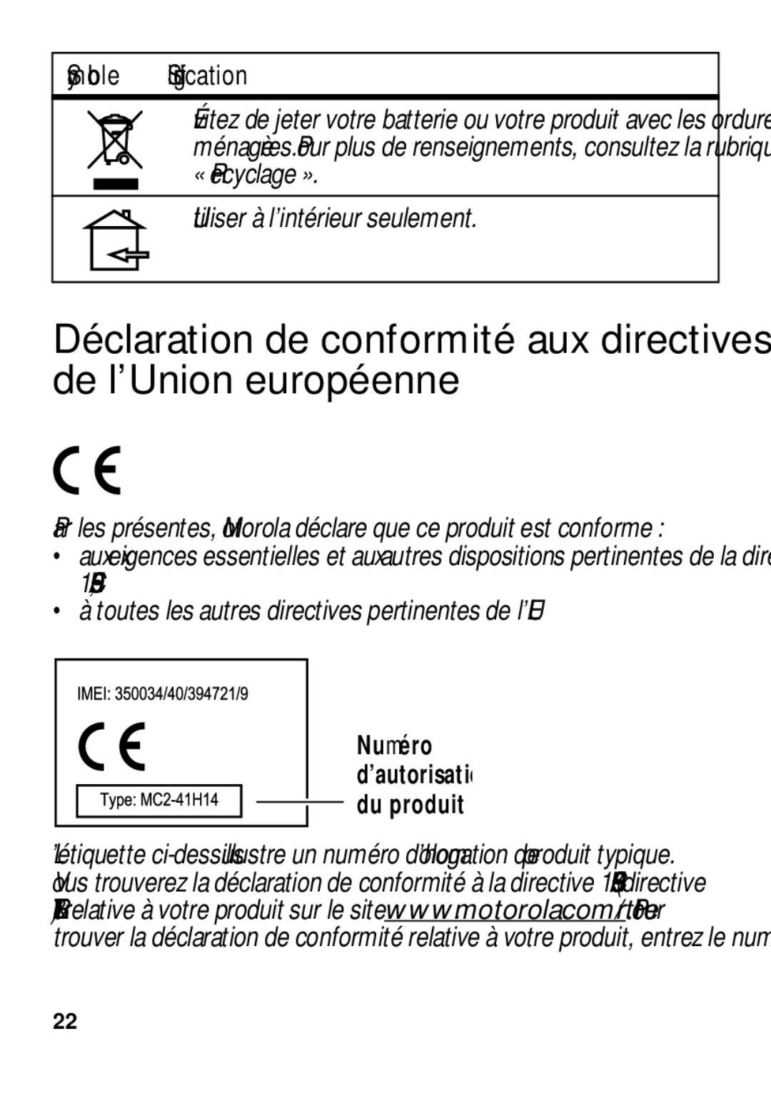 Motorola TX500 manual Utiliser à l’intérieur seulement, Toutes les autres directives pertinentes de l’UE 