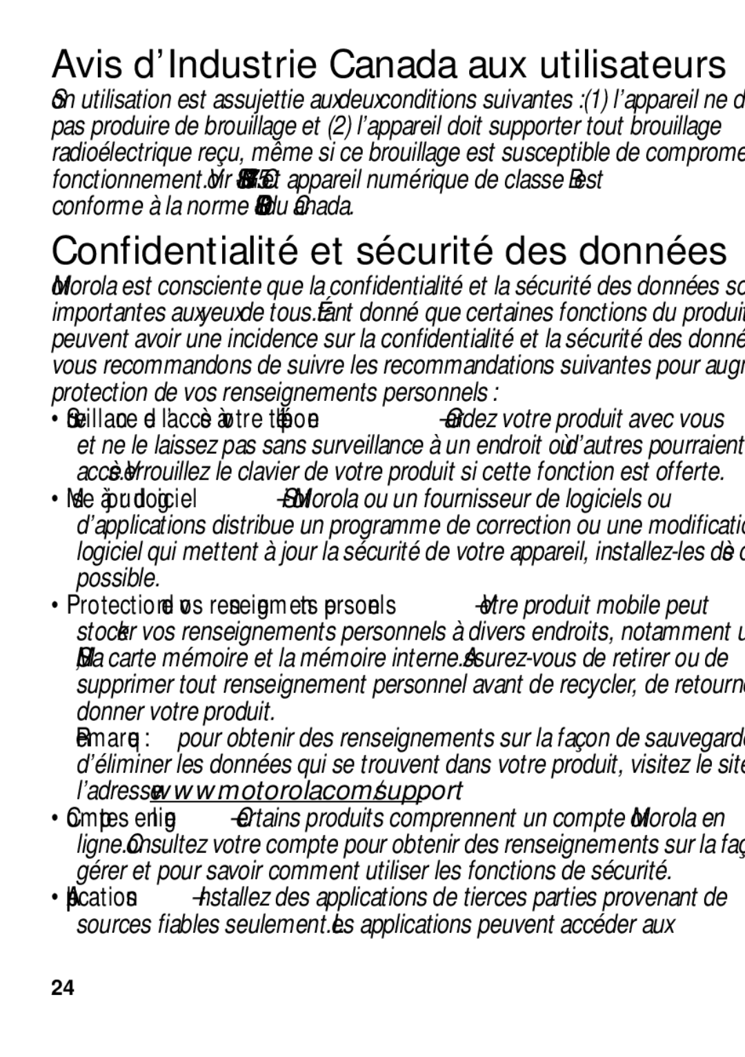 Motorola TX500 manual Avis d’Industrie Canada aux utilisateurs, Confidentialité et sécurité des données 