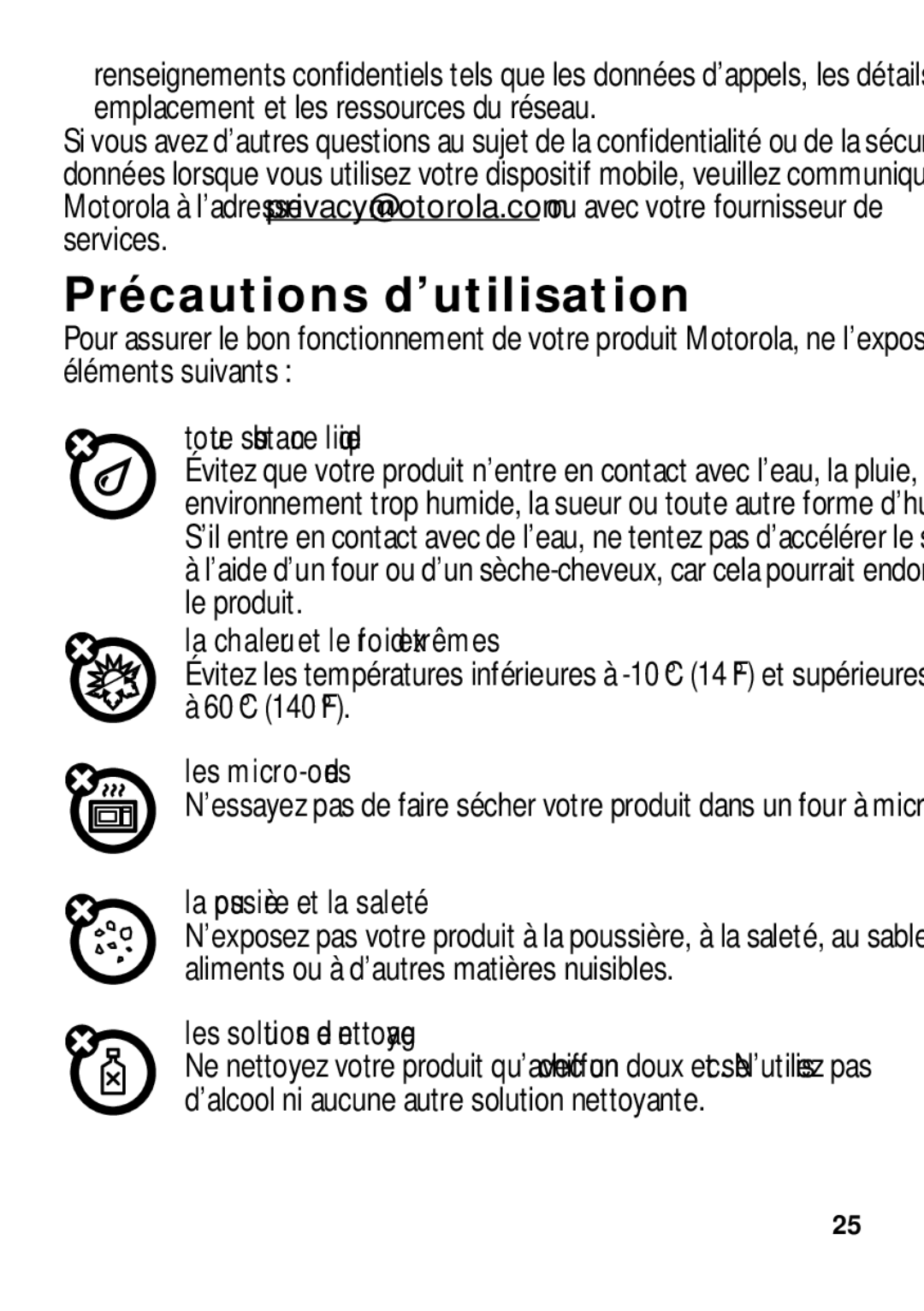 Motorola TX500 manual Précautions d’utilisation 