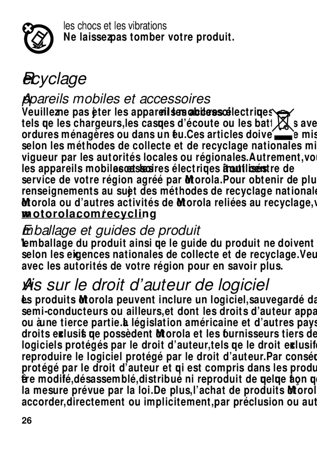 Motorola TX500 manual Recyclage, Avis sur le droit d’auteur de logiciel, Appareils mobiles et accessoires 