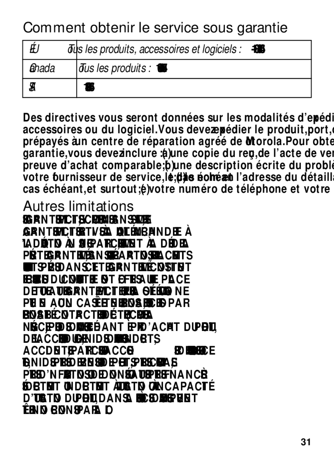 Motorola TX500 manual Comment obtenir le service sous garantie, Autres limitations, Canada Tous les produits 1 800, 888 