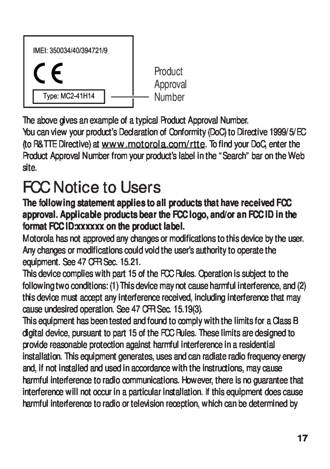 Motorola TX500 manual FCC Notice to Users, Product Approval Number 