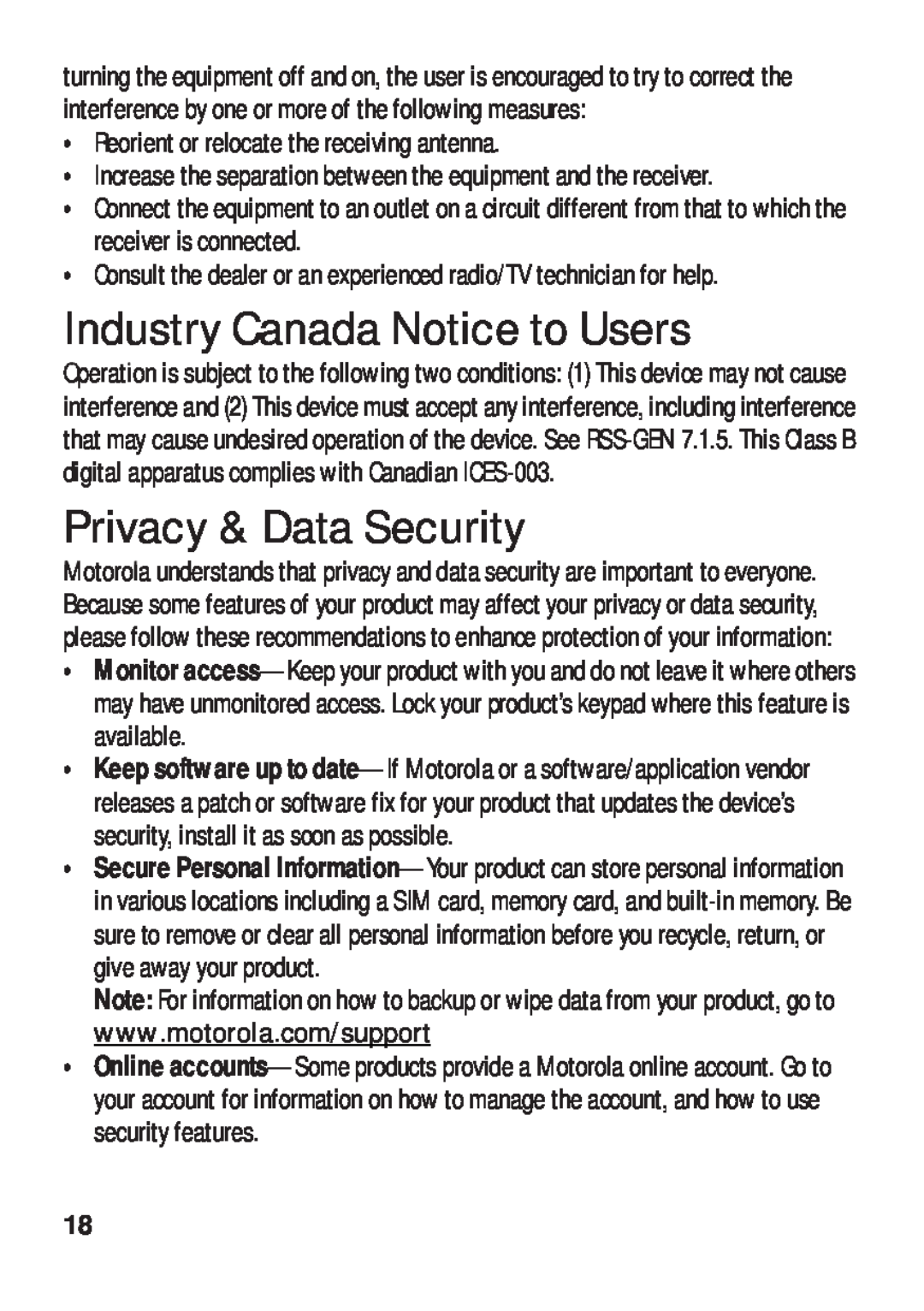 Motorola TX500 manual Industry Canada Notice to Users, Privacy & Data Security, Reorient or relocate the receiving antenna 