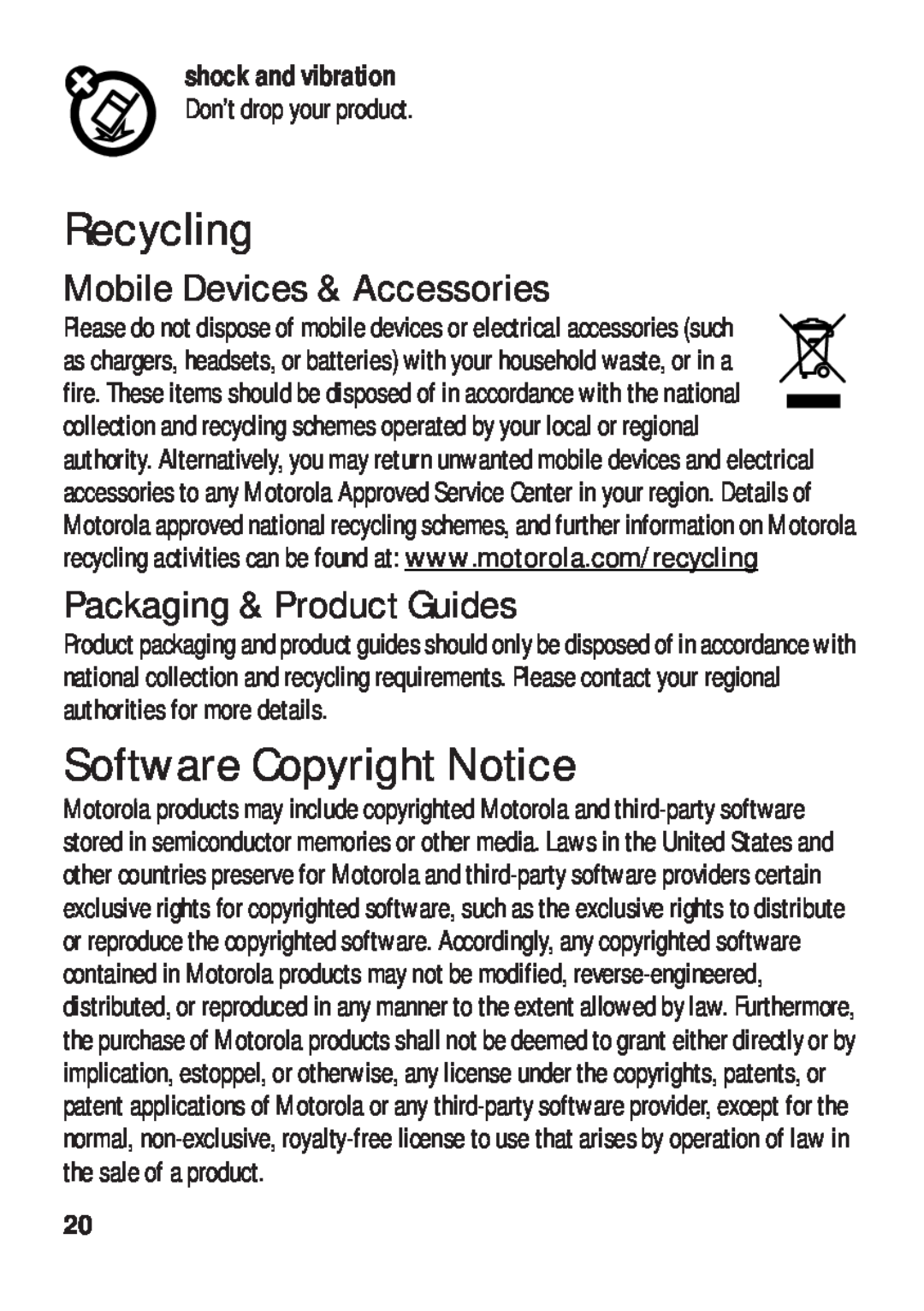 Motorola TX500 manual Recycling, Software Copyright Notice, Mobile Devices & Accessories, Packaging & Product Guides 