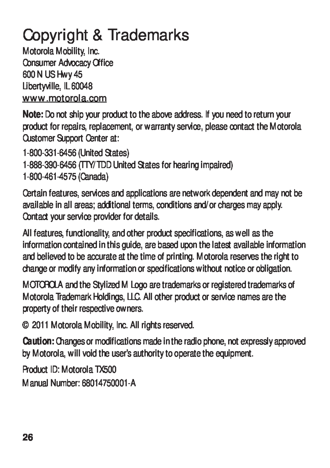 Motorola manual Copyright & Trademarks, Motorola Mobility, Inc. All rights reserved, Product ID Motorola TX500 