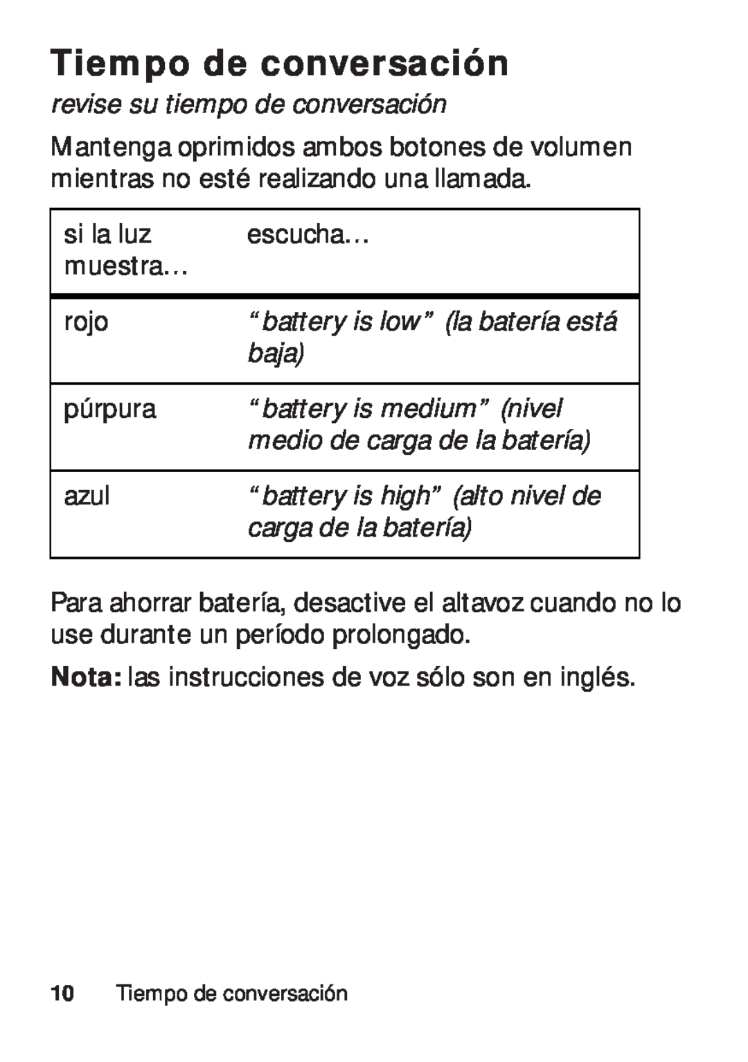 Motorola TX500 manual Tiempo de conversación, revise su tiempo de conversación, “battery is low” la batería está, baja 