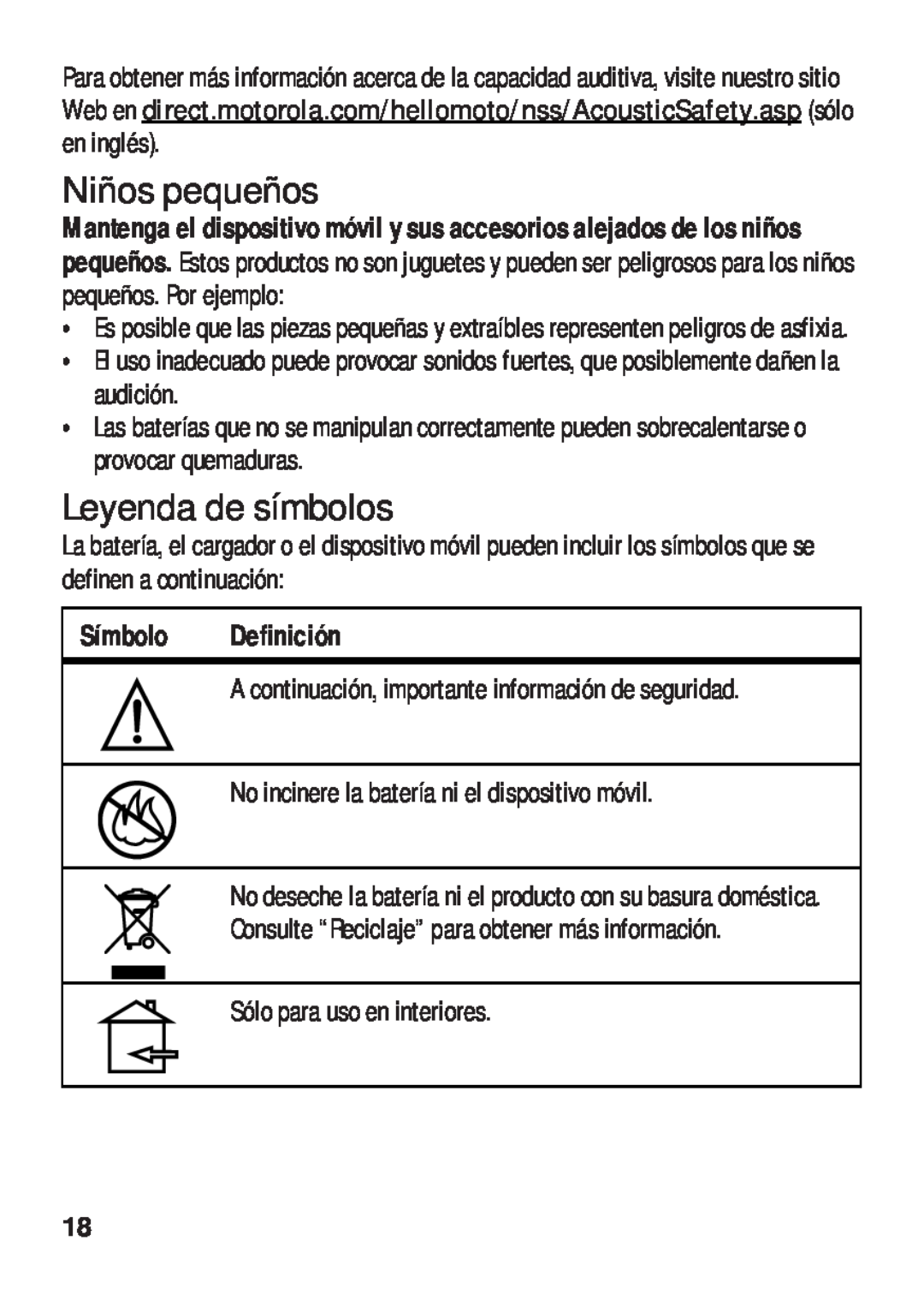 Motorola TX500 manual Niños pequeños, Leyenda de símbolos, Símbolo Definición 