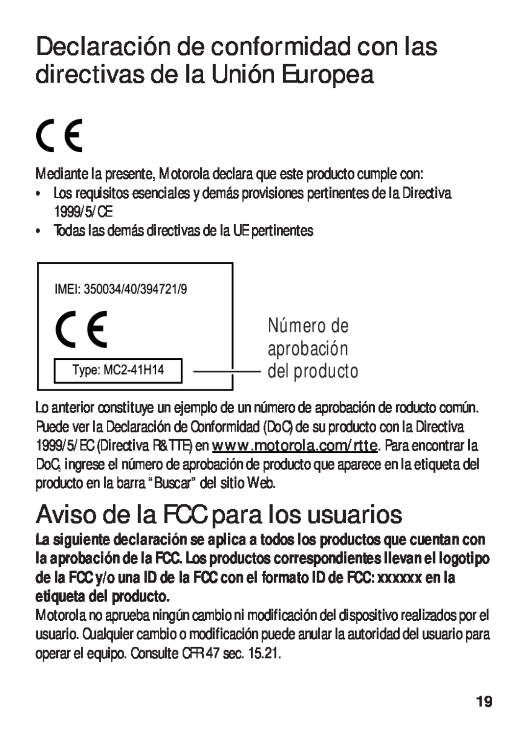 Motorola TX500 manual Aviso de la FCC para los usuarios, Número de aprobación del producto 