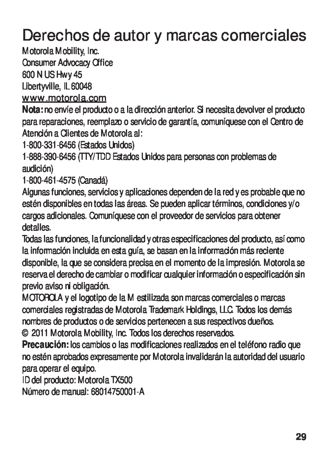 Motorola Derechos de autor y marcas comerciales, ID del producto Motorola TX500, Número de manual 68014750001-A 