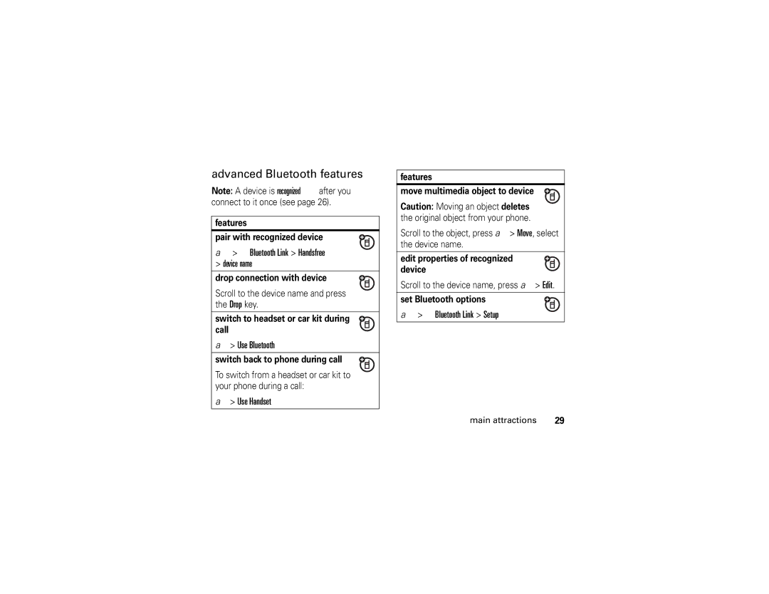 Motorola U6 manual Advanced Bluetooth features, Bluetooth Link Handsfree, Use Bluetooth, Use Handset, Bluetooth Link Setup 