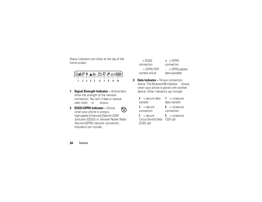 Motorola U6 manual Status indicators can show at the top of the home screen, + = Gprs, Connection, CSD call Basics 