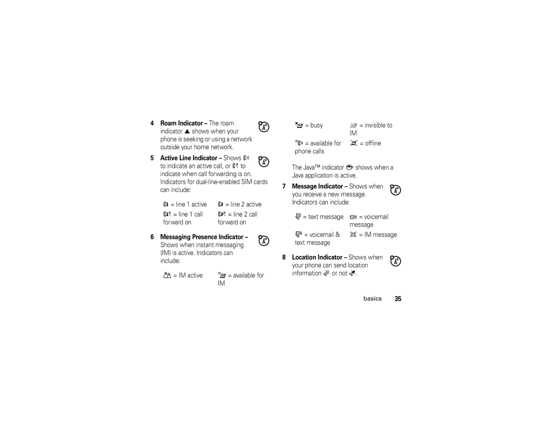 Motorola U6 manual Active Line Indicator Shows ?, = line 1 call = line 2 call Forward on, Messaging Presence Indicator 