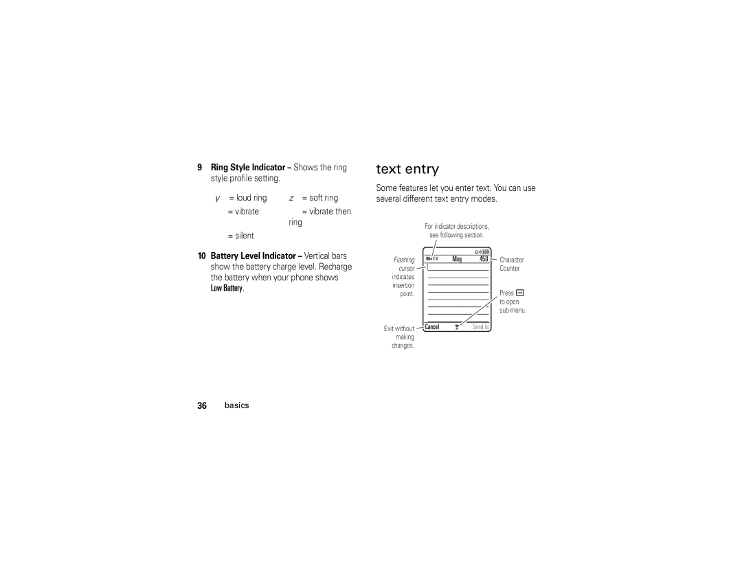 Motorola U6 manual Text entry, Low Battery, Ring Style Indicator Shows the ring style profile setting 