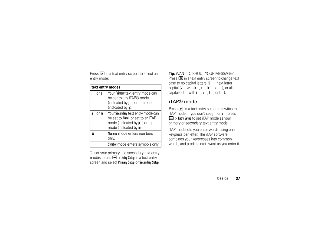Motorola U6 manual ITAP mode, Press #in a text entry screen to select an entry mode, Text entry modes 