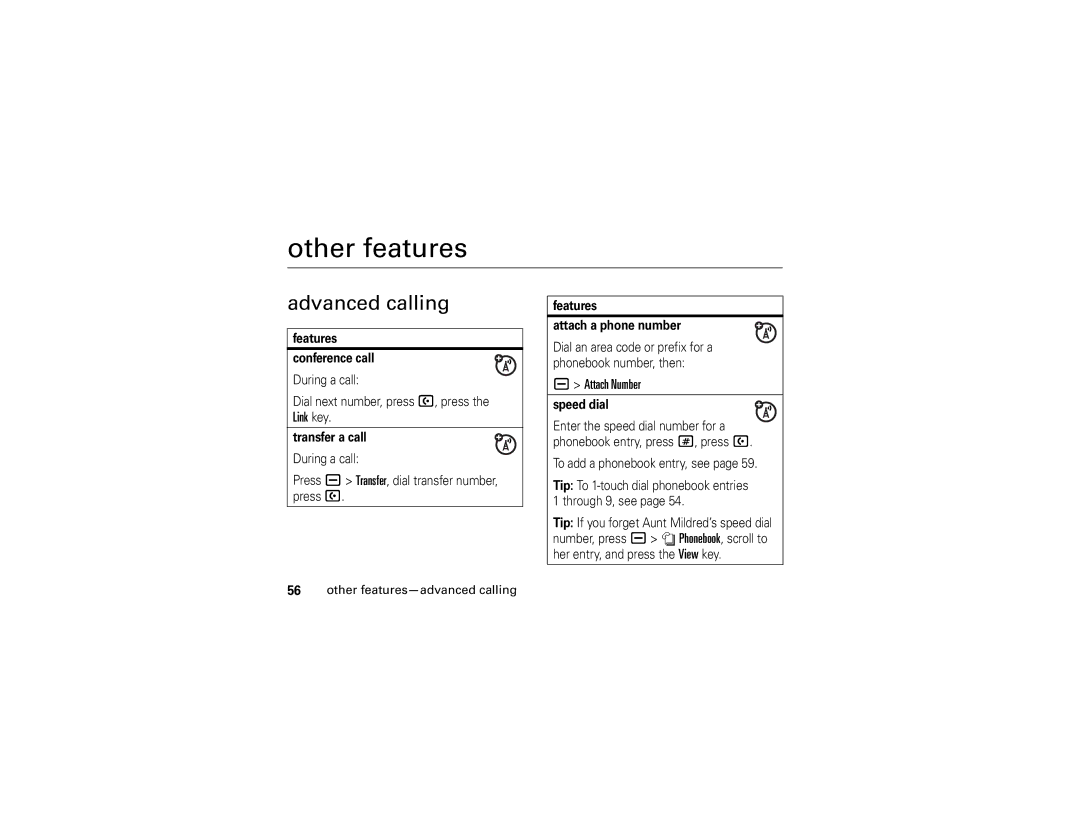 Motorola U6 manual Other features, Advanced calling, Attach Number 