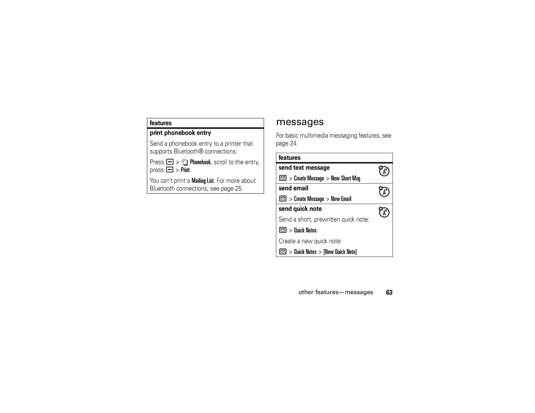 Motorola U6 manual Messages, Create Message New Short Msg, Create Message New Email, Quick Notes New Quick Note 