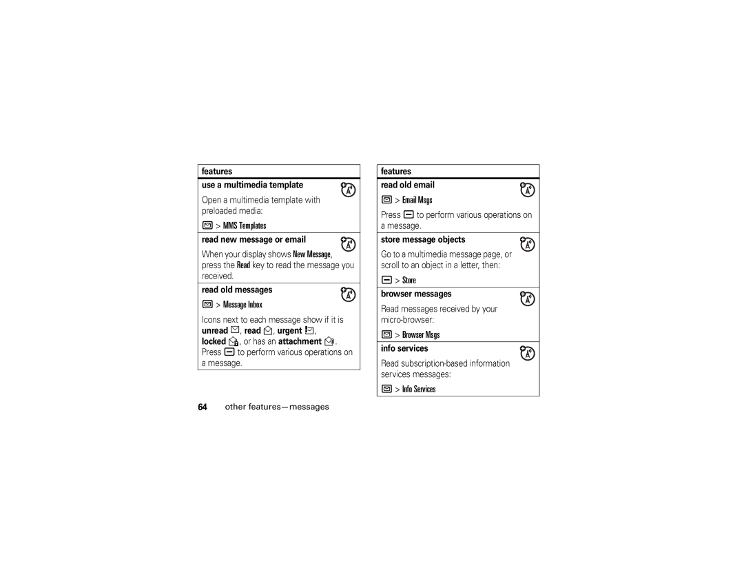 Motorola U6 manual MMS Templates, Message Inbox, Email Msgs, Store, Browser Msgs, Info Services 