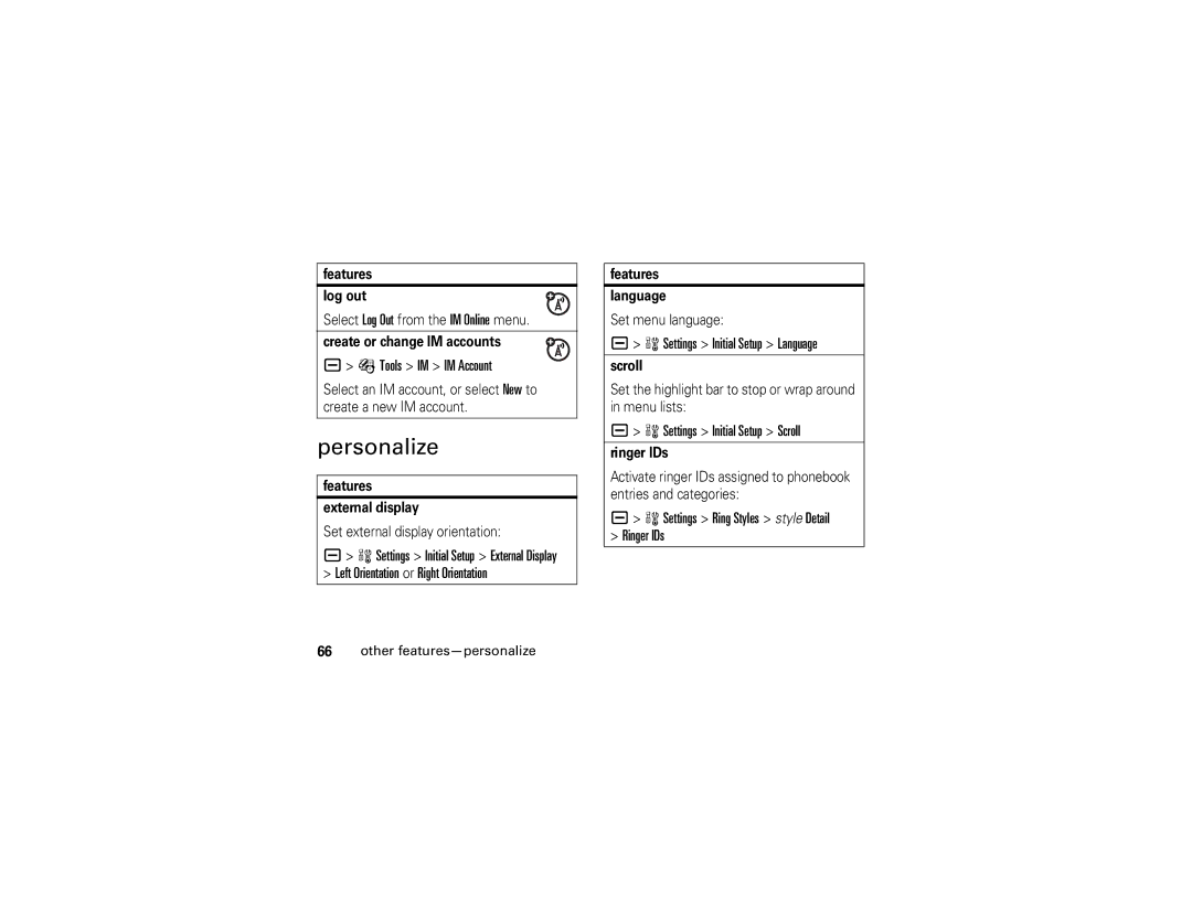 Motorola U6 manual Personalize, Tools IM IM Account, Settings Initial Setup Language, Settings Initial Setup Scroll 