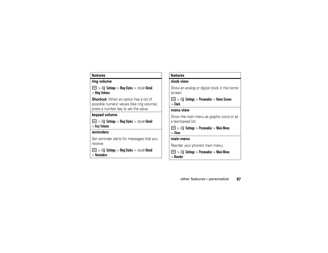 Motorola U6 manual Settings Ring Styles style Detail Ring Volume, Settings Ring Styles style Detail Key Volume 