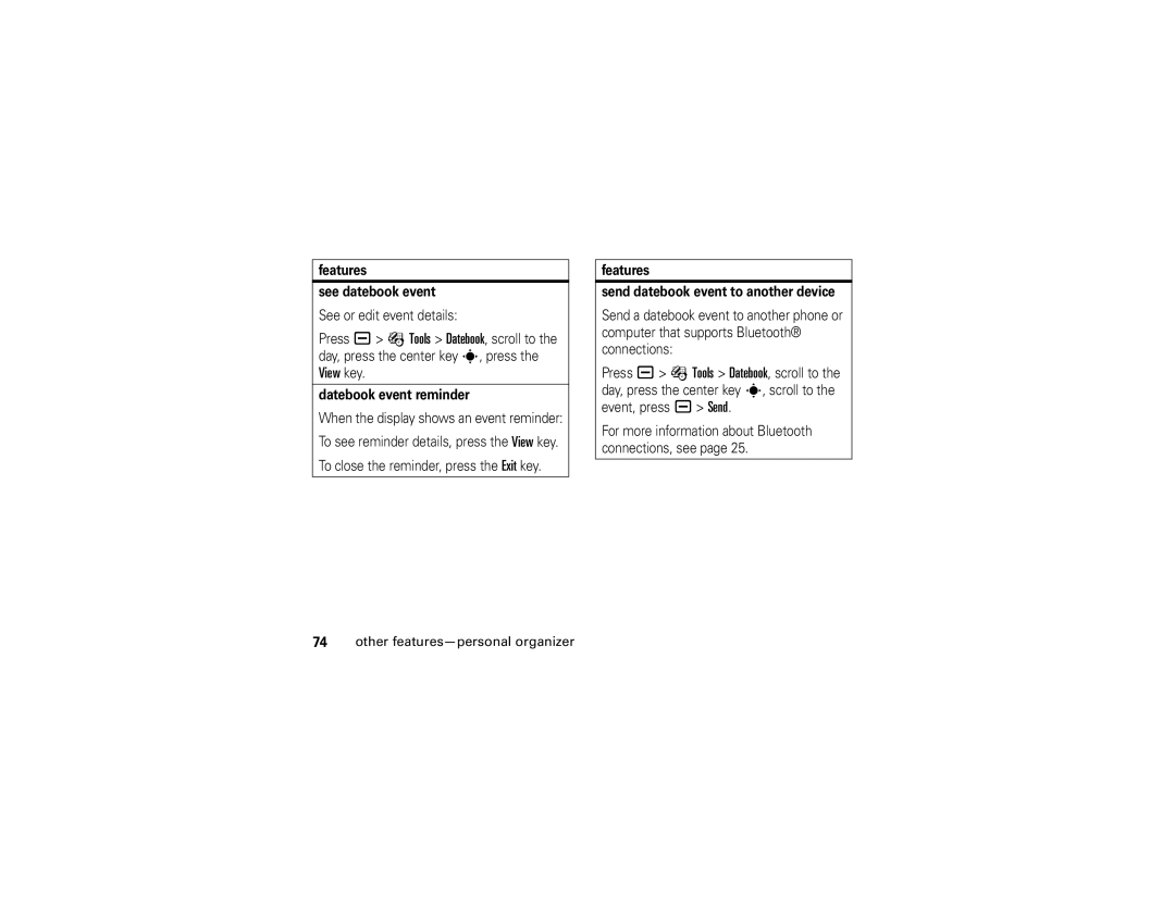 Motorola U6 manual Features See datebook event, Datebook event reminder, Features Send datebook event to another device 