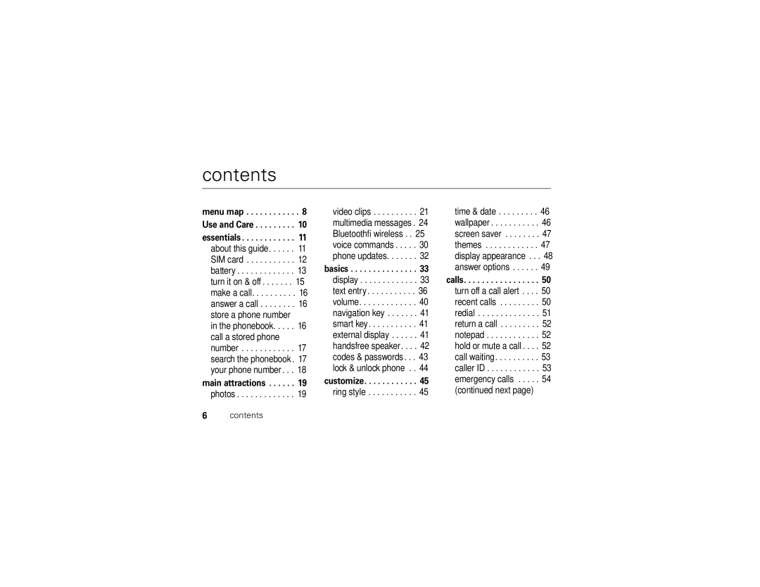 Motorola U6 manual Contents 