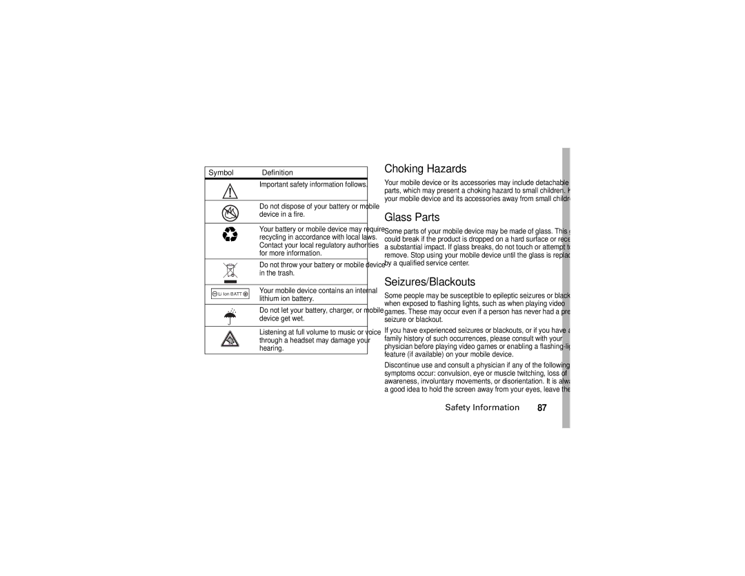 Motorola U6 manual Choking Hazards, Glass Parts, Seizures/Blackouts 