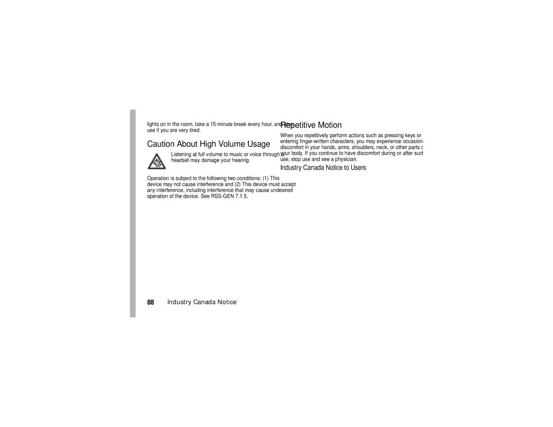 Motorola U6 manual Repetitive Motion, Industry Canada Notice to Users 