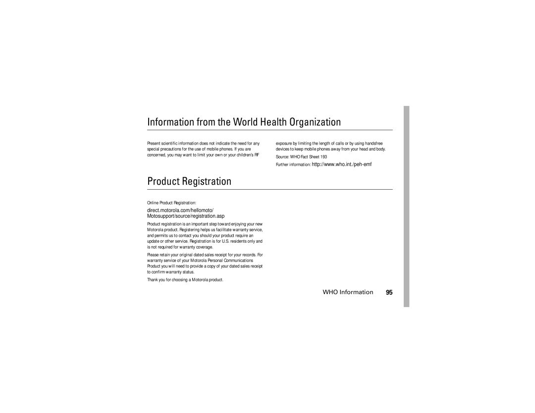 Motorola U6 manual Information from the World Health Organization, Product Registration, WHO Information 