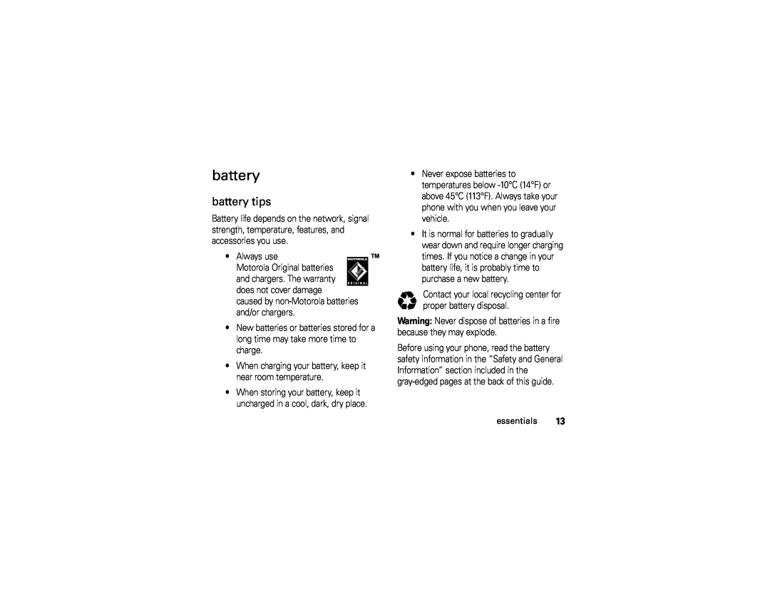 Motorola U6 manual battery tips 