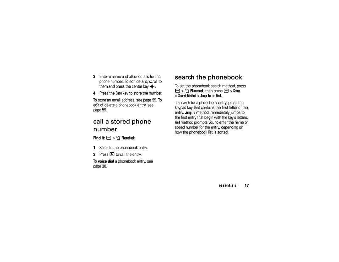 Motorola U6 manual call a stored phone number, search the phonebook, Find it a n Phonebook, Search Method Jump To or Find 