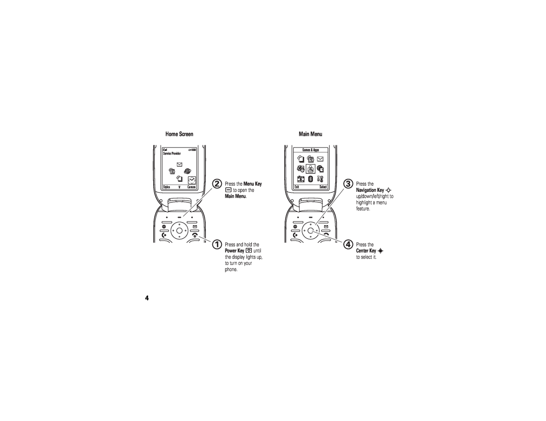 Motorola U6 manual Home Screen, Main Menu, Service Provider StylesCamera, Navigation Key S, Center Key s, Select, Exit 