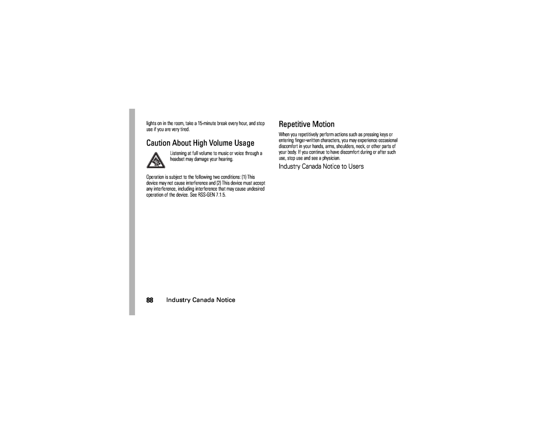 Motorola U6 manual Caution About High Volume Usage, Repetitive Motion, Industry Canada Notice to Users 