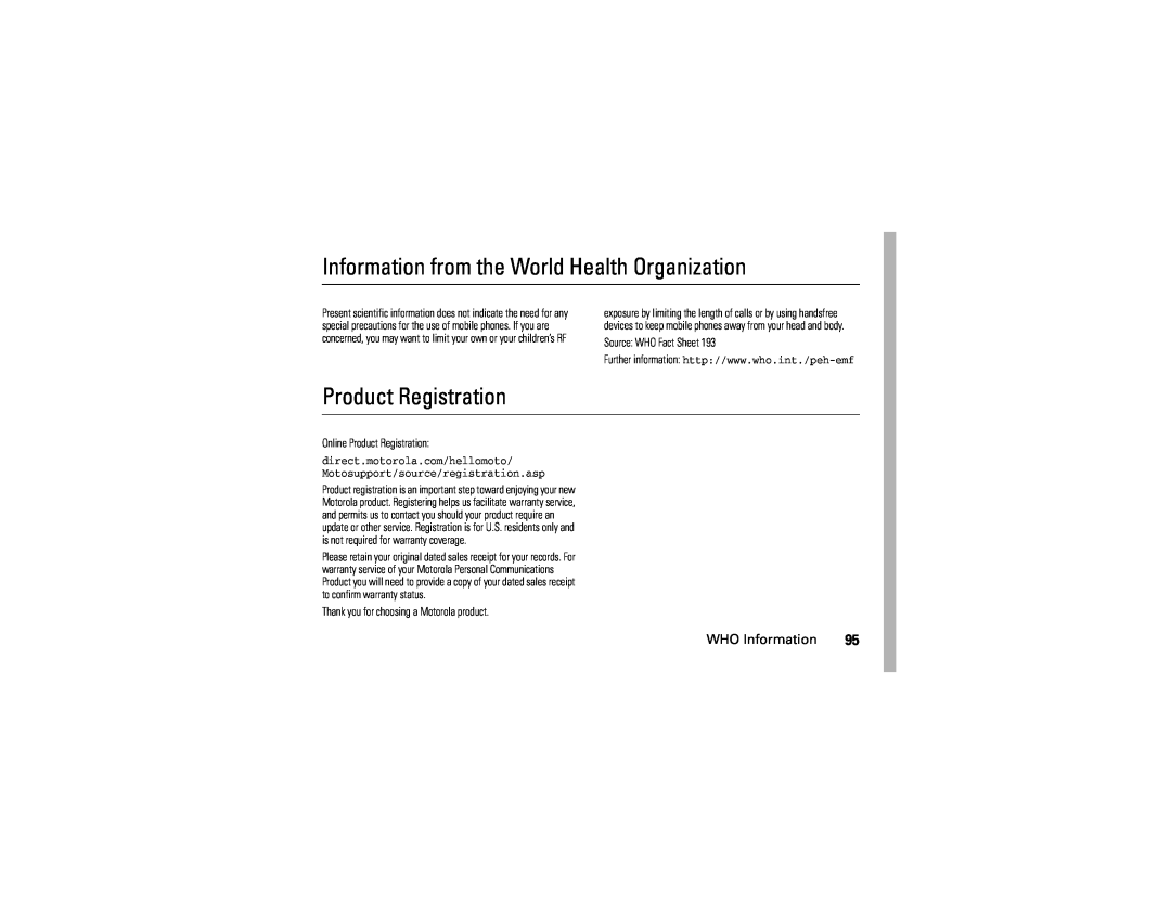 Motorola U6 manual Information from the World Health Organization, Product Registration, Source WHO Fact Sheet 